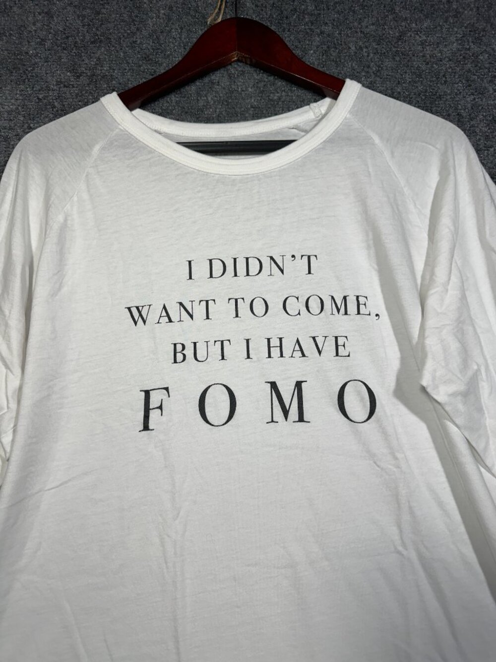 Ten Sixty Sherman Tee Shirt Womans Large White Cotton I have FOMO Funny 3/4 Slee - Picture 3 of 7